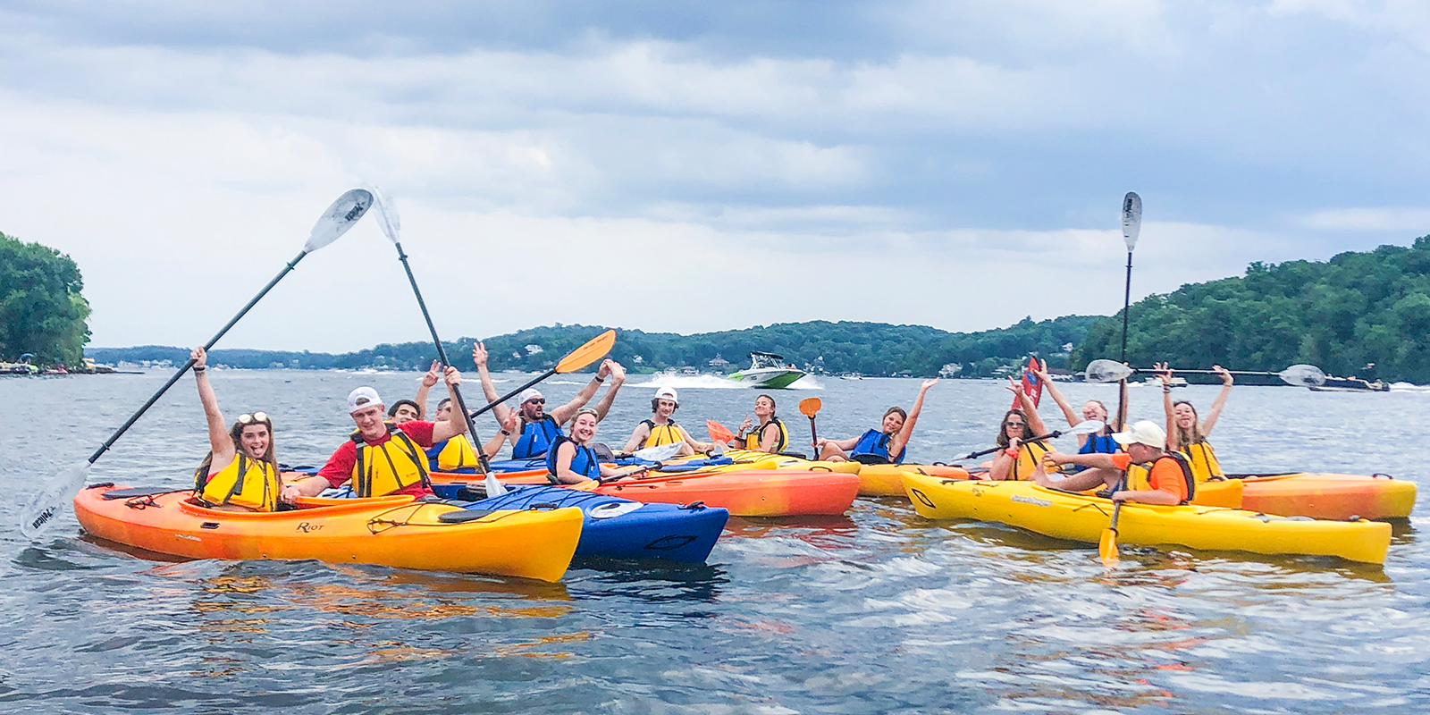 Group kayaking on Lake Hopatcong